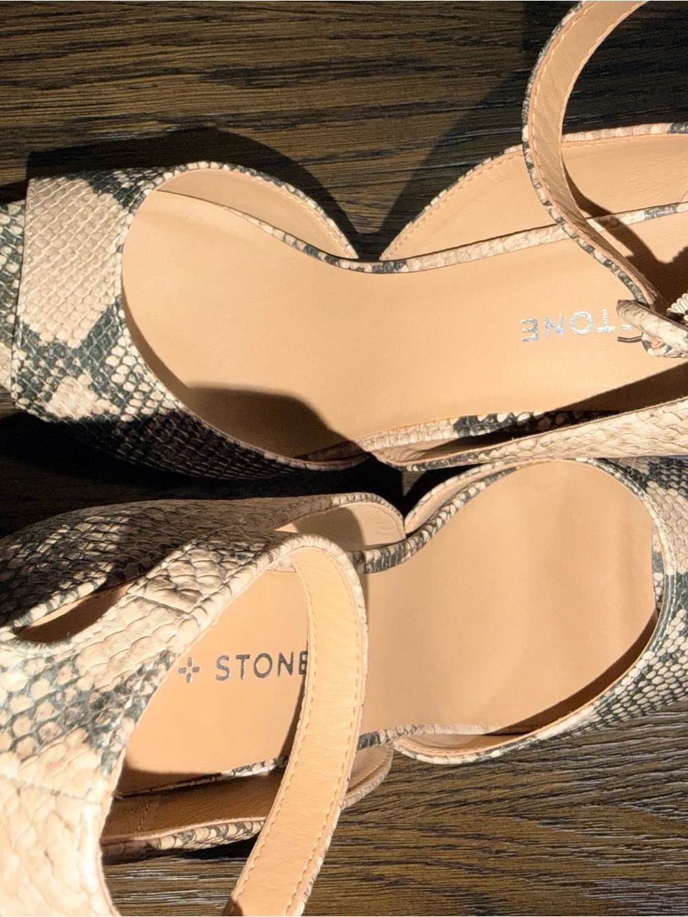 Sun + Stone Tan and Gray Snake-Print Ankle Strap Heels